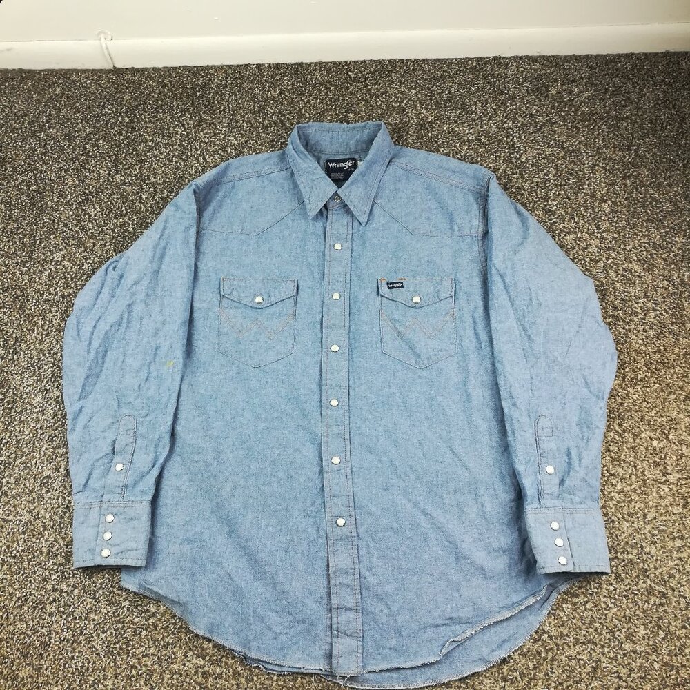 Vintage Wrangler Shirt Chambray Western Pearl Snap Mens 18 35 X-Long Tails